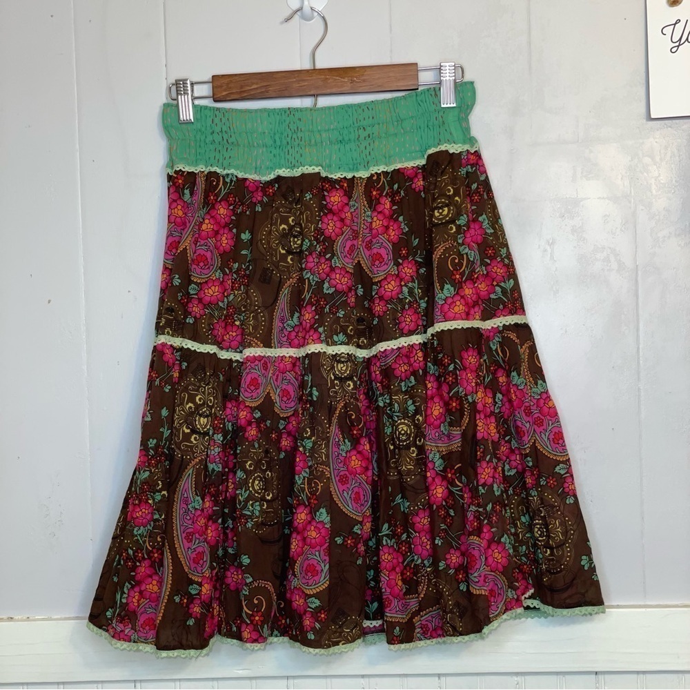 Vintage Karma Living pink, brown and green cotton skirt